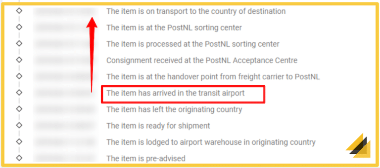 Consignment Received At The Postnl Acceptance Centre Deutsch PostNL “The Item has Arrived in the Transit Airport” Update - MAILBOX
